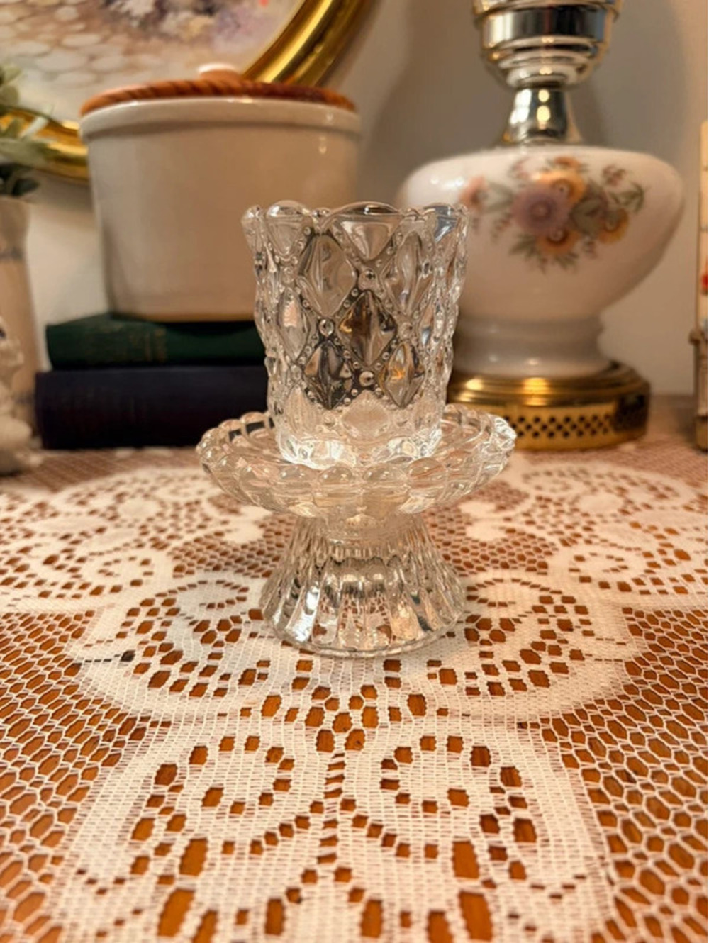Vintage Clear Pressed Glass Votive Candle Holder with Pedestal Base
